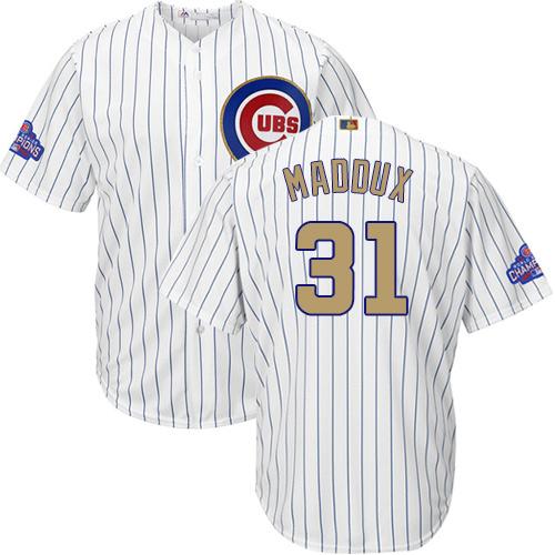 Cubs #31 Greg Maddux White(Blue Strip) Gold Program Cool Base Stitched MLB Jersey - Click Image to Close